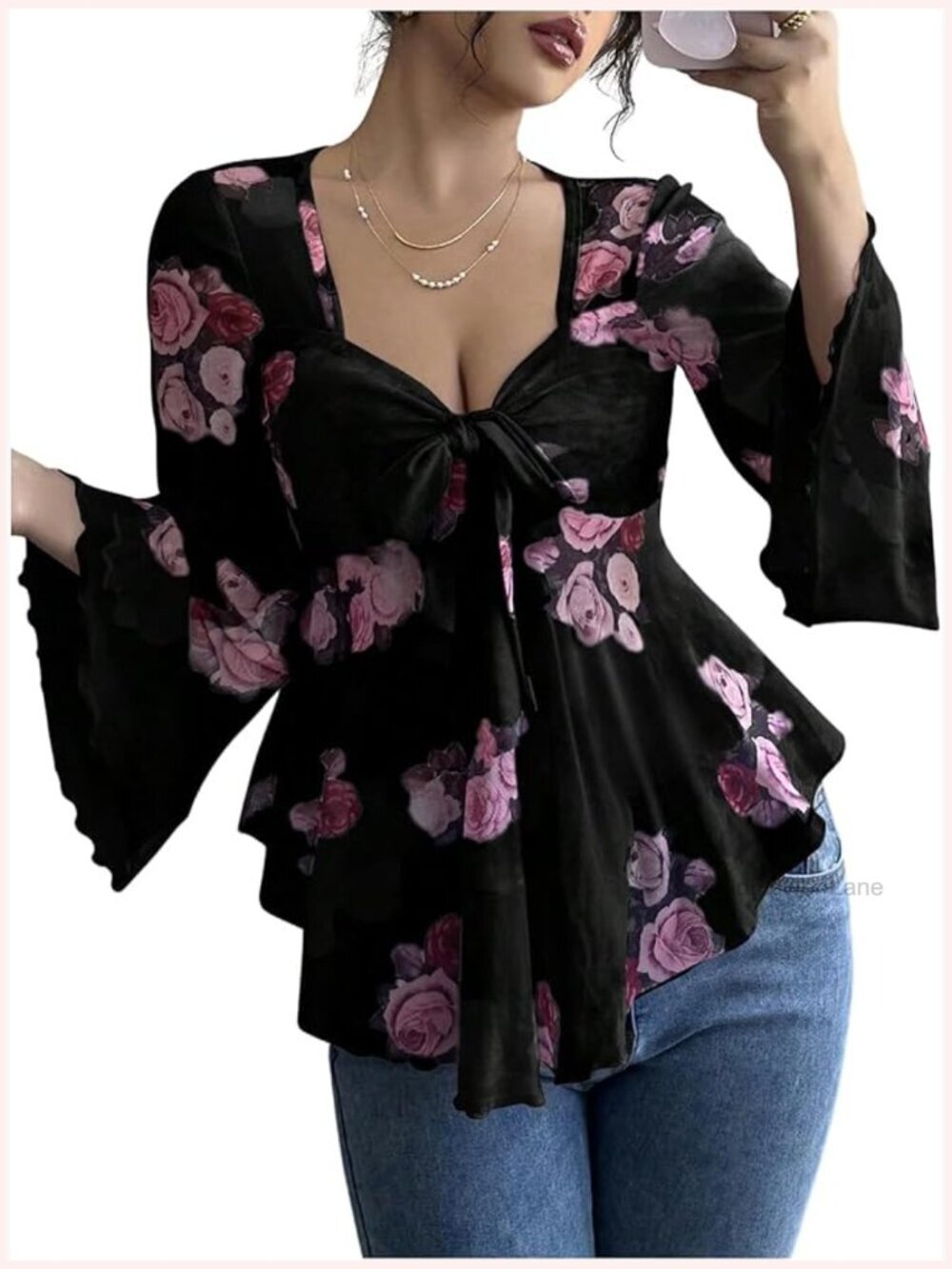 Floral Bell Sleeve Tie Front V Neck Ruffle Peplum Blouse Party Top